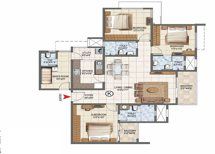 Kalyani Arcadia 3 BHK Floor Plan